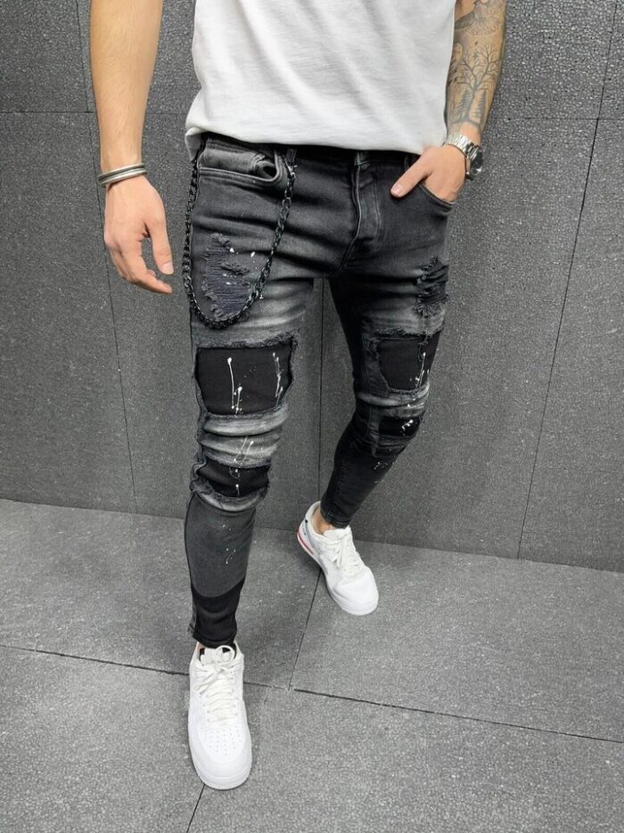 Texwood men's casual and sports wear store, summer beach clothes, men's leather fashion, jewelry, sunglasses 2023 White Embroidery Jeans Men Cotton Stretchy Ripped2023 Skinny Jeans High Quality Hip Hop Black Hole Slim Fit Oversize Denim Pants